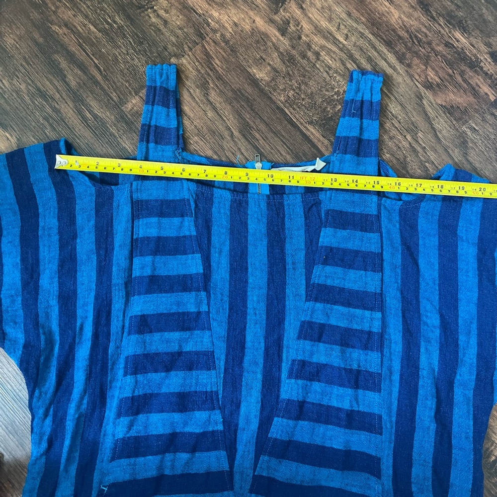 Soft Surroundings Linen Blend Blue Stripe Tunic Top Cold Shoulder Sz M Boho Chic - Picture 12 of 12